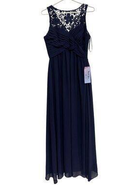 Simply Chiffon Gown Medium Crochet Lace Pleated Navy Blue Bridesmaid Elegant NEW